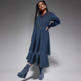 Women's Clothing Ribbed V-Neck Long Sleeve Denim Dress