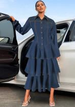 Women's Clothing Turndown Collar Long Sleeve Cascading Ruffles  Denim Long Dress