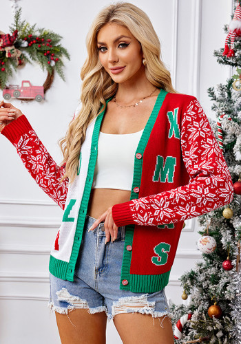 Autumn Winter Christmas Sweater Red Casual Letter Jacquard V-Neck Knitting Cardigan
