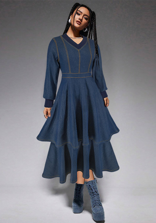 Women's Clothing Ribbed V-Neck Long Sleeve Denim Dress