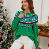 Contrast Jacquard Pullover Knitting Top Women Casual Long-Sleeved Christmas Sweater