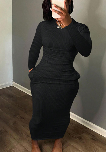 Women knitting Ribbed Solid Round Neck Long Sleeve Bodycon Dress