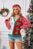 Autumn Winter Christmas Sweater Red Casual Letter Jacquard V-Neck Knitting Cardigan
