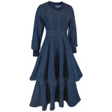 Women's Clothing Ribbed V-Neck Long Sleeve Denim Dress