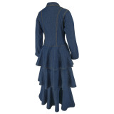 Women's Clothing Turndown Collar Long Sleeve Cascading Ruffles  Denim Long Dress