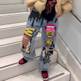 Women Ripped Print Crago Denim Pants