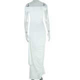 Women's Solid Color Slash Shoulder Casual Ribbon Long Dress