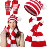 Christmas knitting red striped scarf gloves hat Three-Piece