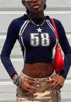 Women American Casual Contrast Color Letter Print Long Sleeve T-shirt Crop Top