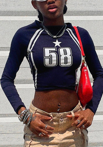 Women American Casual Contrast Color Letter Print Long Sleeve T-shirt Crop Top