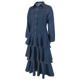 Women's Clothing Turndown Collar Long Sleeve Cascading Ruffles  Denim Long Dress