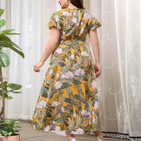 Plus Women Round Neck Single-breasted Printed Shirt Dress