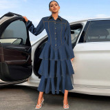 Women's Clothing Turndown Collar Long Sleeve Cascading Ruffles  Denim Long Dress