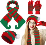 Christmas knitting red striped scarf gloves hat Three-Piece