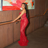 Women Sexy Strapless Lace-Up Lace See-Through Patchwork Bodycon Dress