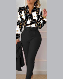 Spring Women's Clothing Long Sleeve Fashion Casual Printed Shirt High Waist Career Pants Set