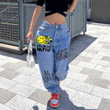 Women Letter Printed Casual Wide-leg Denim Pants