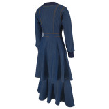 Women's Clothing Ribbed V-Neck Long Sleeve Denim Dress