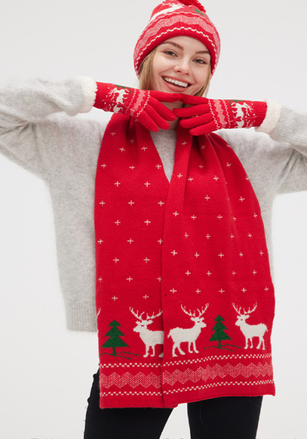 Christmas elk snowflake knitting scarf gloves hat Three-Piece