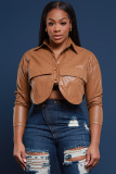 Fashionable Women's Long Sleeve Turndown Collar Single-Breasted Pocket Pu Leather Jacket