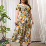Plus Women Round Neck Single-breasted Printed Shirt Dress