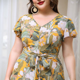 Plus Women Round Neck Single-breasted Printed Shirt Dress