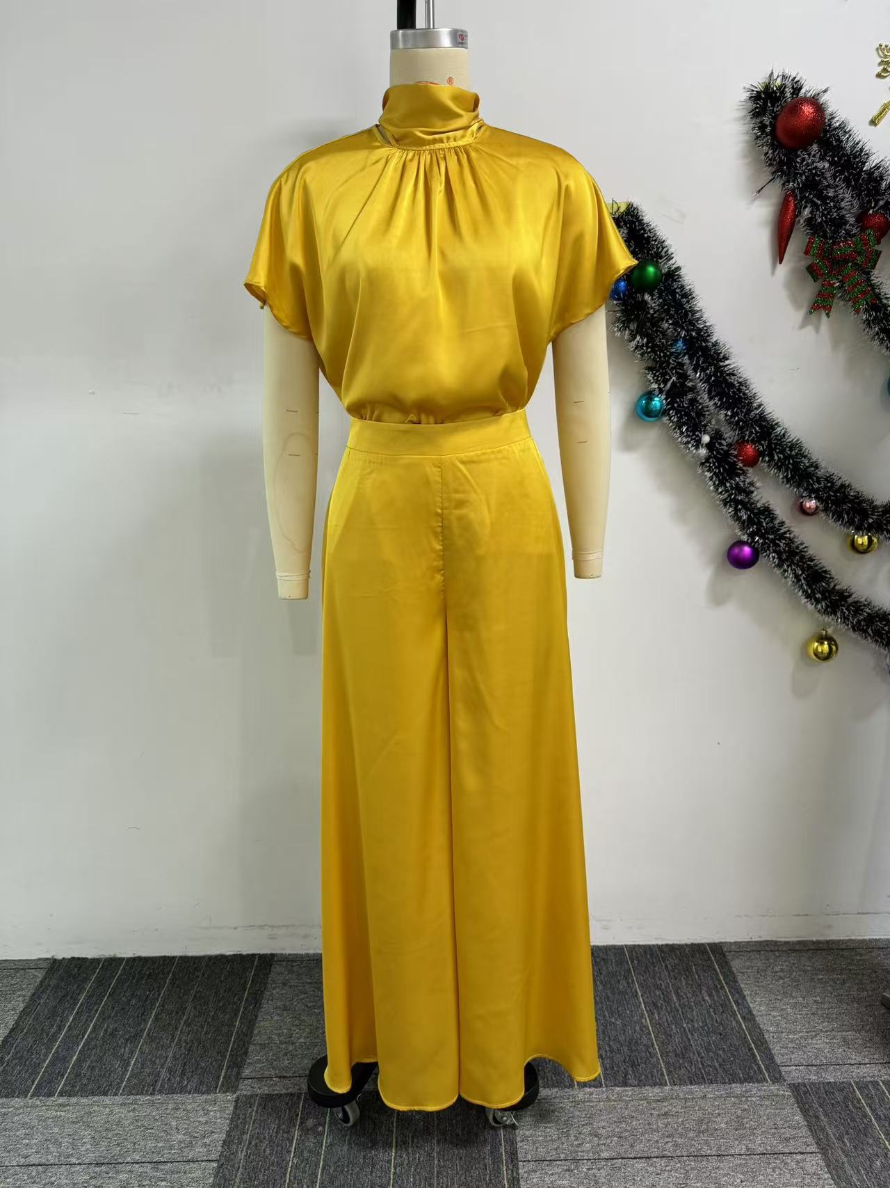 Satin Lace-Up Flying Sleeve Top Wide-Leg Pants Two-Piece Set