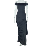 Women's Solid Color Slash Shoulder Casual Ribbon Long Dress
