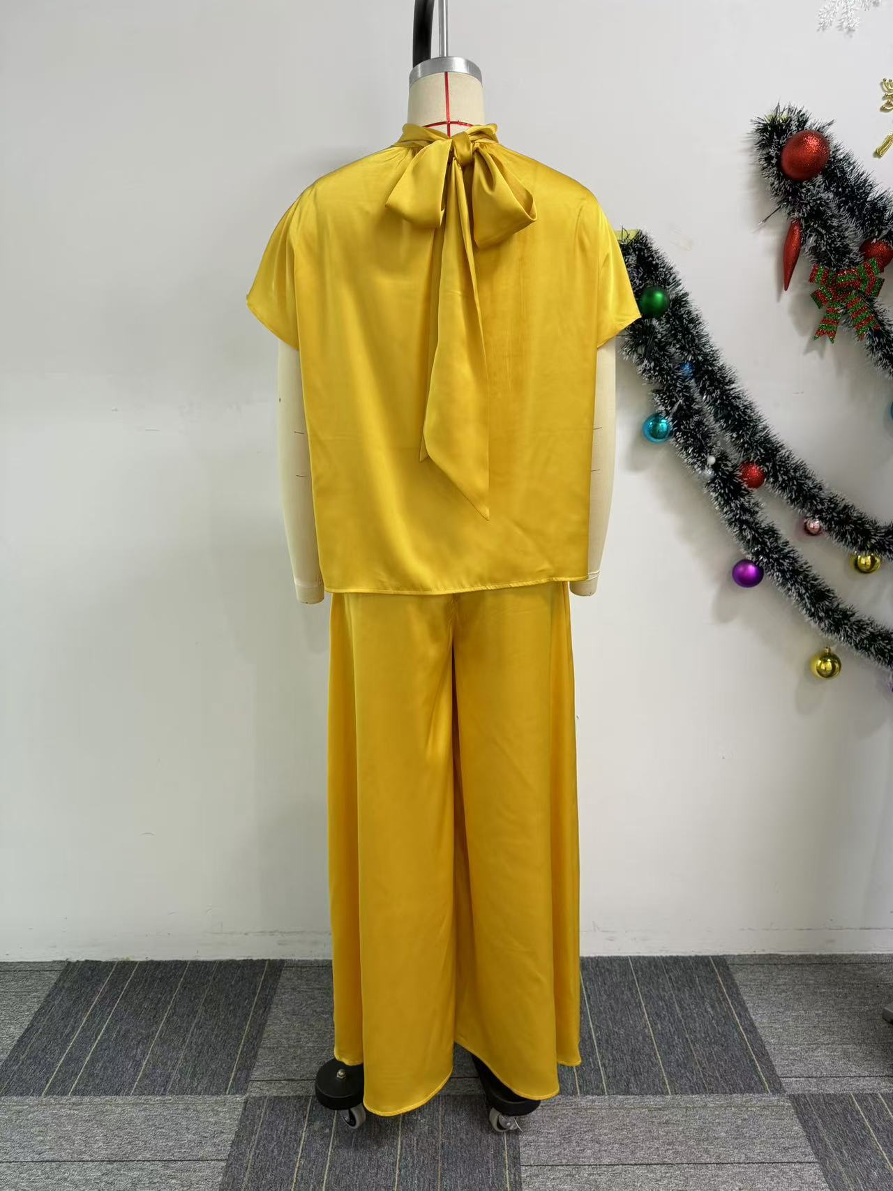 Satin Lace-Up Flying Sleeve Top Wide-Leg Pants Two-Piece Set