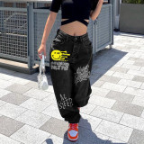 Women Letter Printed Casual Wide-leg Denim Pants