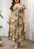 Plus Women Round Neck Single-breasted Printed Shirt Dress