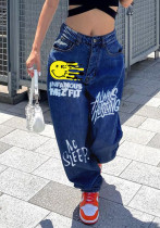 Women Letter Printed Casual Wide-leg Denim Pants
