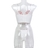 Women Flower Embroidery Cross Lace-Up Sexy Lingerie Two Piece Set