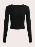 Women American Casual Contrast Color Letter Print Long Sleeve T-shirt Crop Top