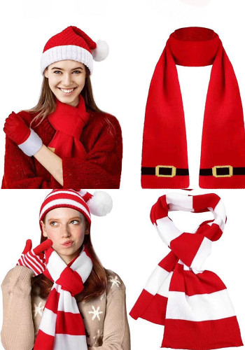 Christmas knitting red striped scarf gloves hat Three-Piece