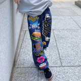 Women Ripped Print Shabby Denim Pants