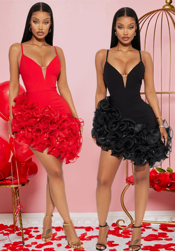 Women Sexy Strapless Solid Lotus Lace Irregular Dress