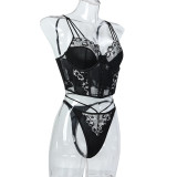 Women Flower Embroidery Cross Lace-Up Sexy Lingerie Two Piece Set