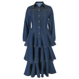 Women's Clothing Turndown Collar Long Sleeve Cascading Ruffles  Denim Long Dress