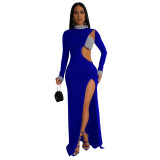 Fashionable Solid Color Beaded Long Sleeve High Slit Evening Dress For Women