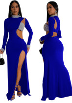 Fashionable Solid Color Beaded Long Sleeve High Slit Evening Dress For Women Fashionable Solid Color Beaded Long Sleeve High Slit Evening Dress For Women