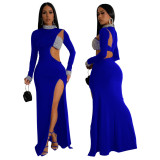 Fashionable Solid Color Beaded Long Sleeve High Slit Evening Dress For Women