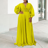 Plus Size Women's Autumn And Winter Long Sleeve Beaded Sexy Wide Leg Pleated Africa Jumpsuit
