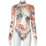 Women's Sexy Winter Hollow Print Long Sleeve Round Neck Slim Bodysuit