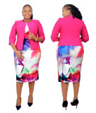 African Plus Size Women's Print Dress Coat Career Two-Piece Set