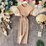 Summer Solid Color Round Neck Button Slim Short Sleeve Elastic Knitting Slit Bodycon Dress