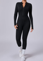 Solid Color Long Sleeve Tight Fitting Sportswear Fitness Wear Half Zipper Yoga Jumpsuit