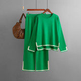 Autumn And Winter Chic Contrast Color Split Long Sleeve Knitting Top High Waist Wide Leg Pants Two-Piece Set