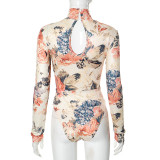 Women's Sexy Winter Hollow Print Long Sleeve Round Neck Slim Bodysuit