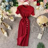 Summer Solid Color Round Neck Button Slim Short Sleeve Elastic Knitting Slit Bodycon Dress